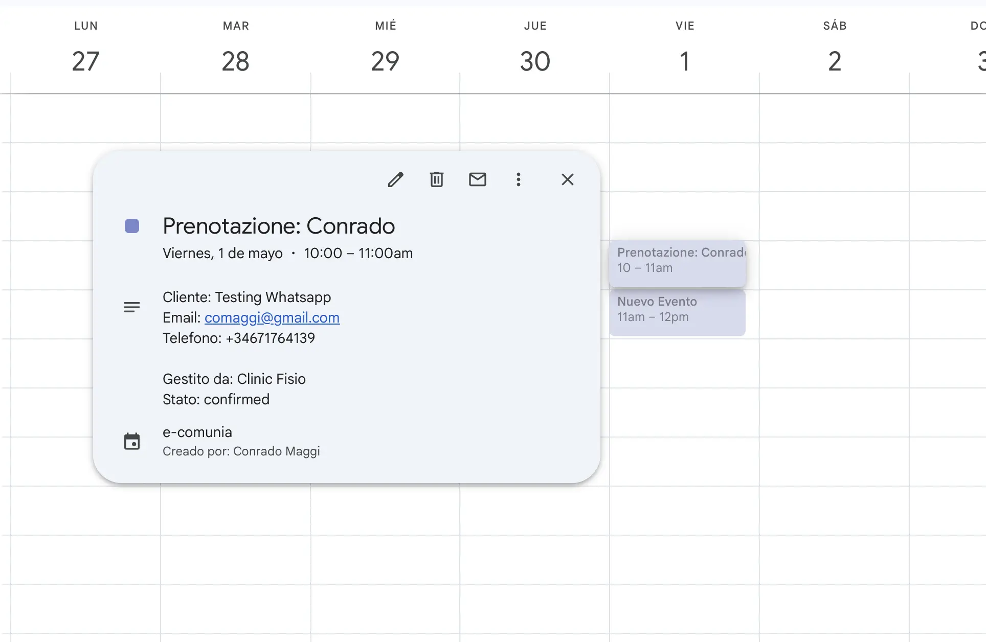 Screenshot: evento in Google Calendar creato automaticamente dopo una prenotazione online, con nome cliente e dettagli visibili
