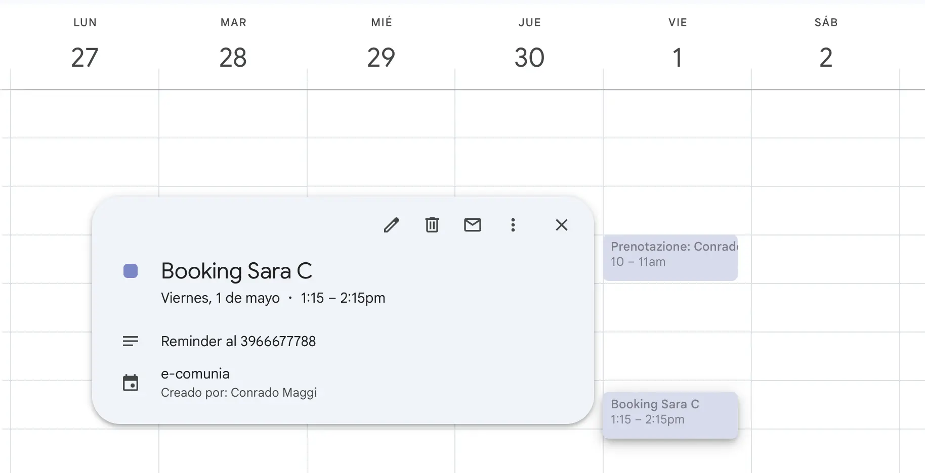 Screenshot: evento in Google Calendar con un numero di telefono nella descrizione dell'evento