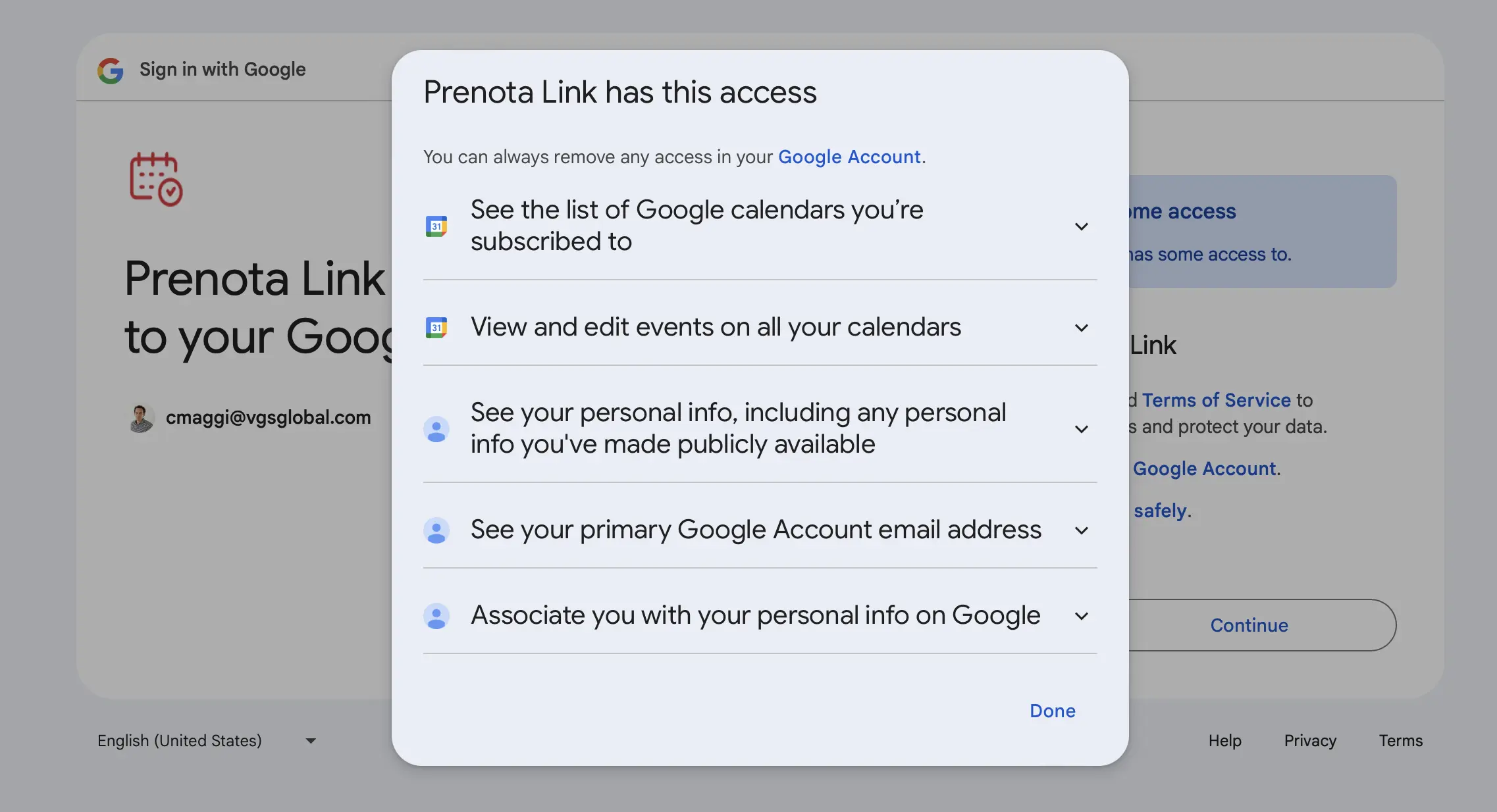 Schermata di autorizzazione Google per collegare PrenotaLink a Google Calendar