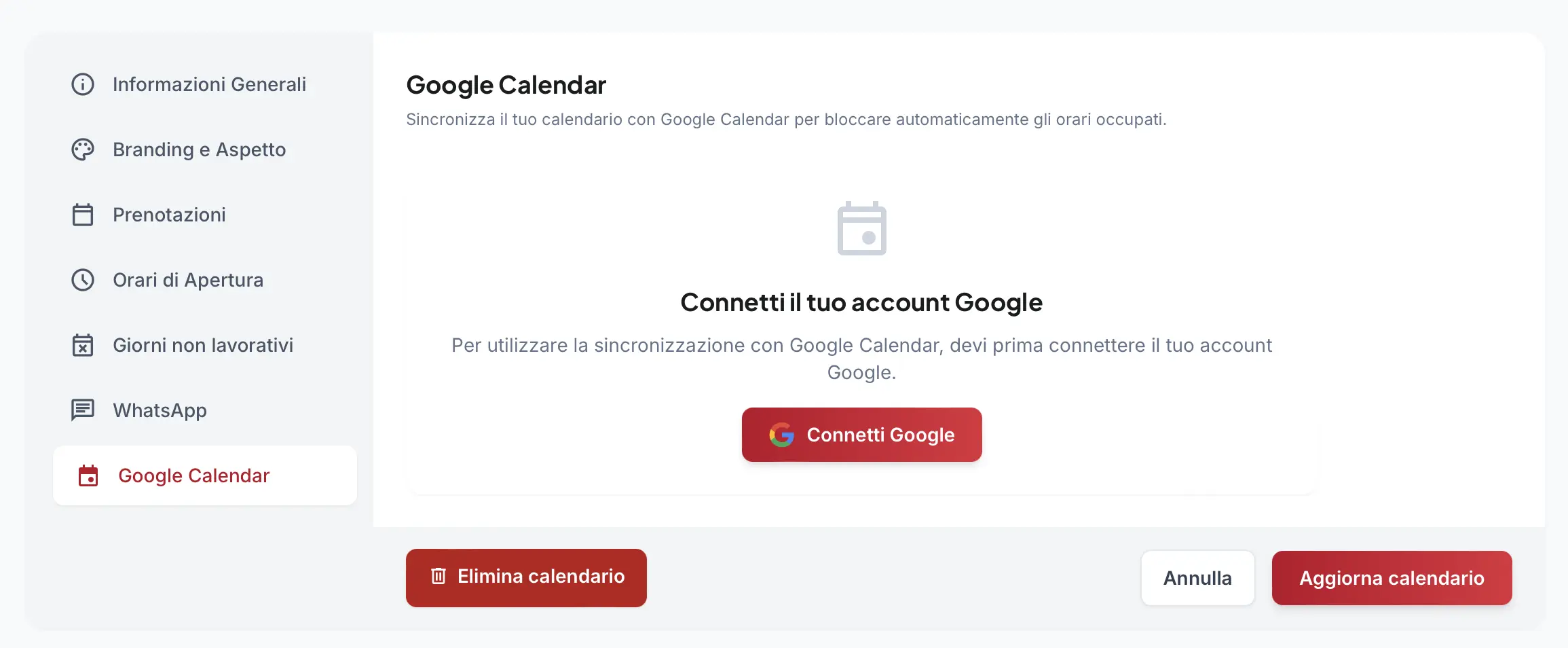 Sezione impostazioni calendario con il pulsante 'Collega Google Calendar'