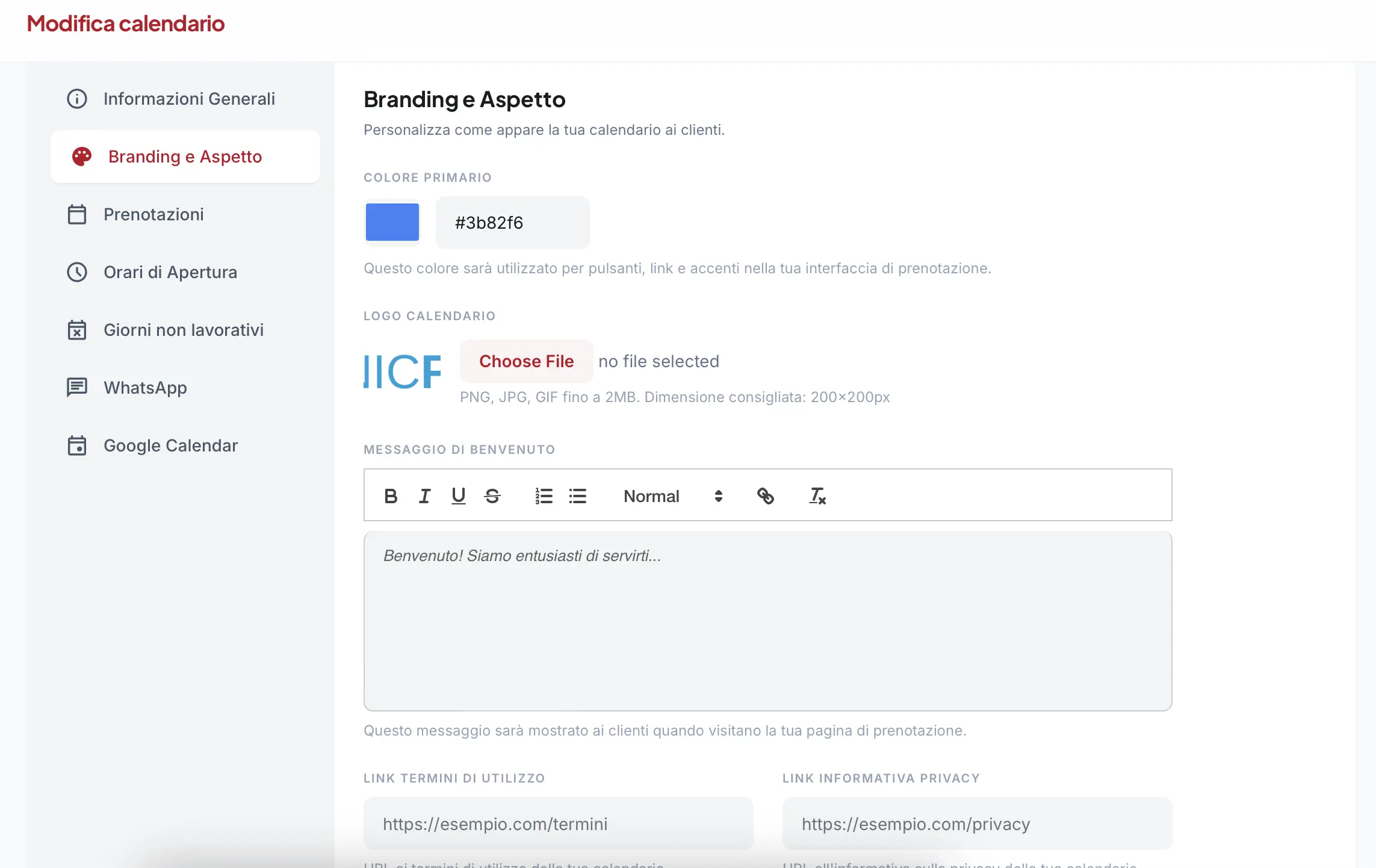 Screenshot: impostazioni di personalizzazione con upload logo e selettore colore