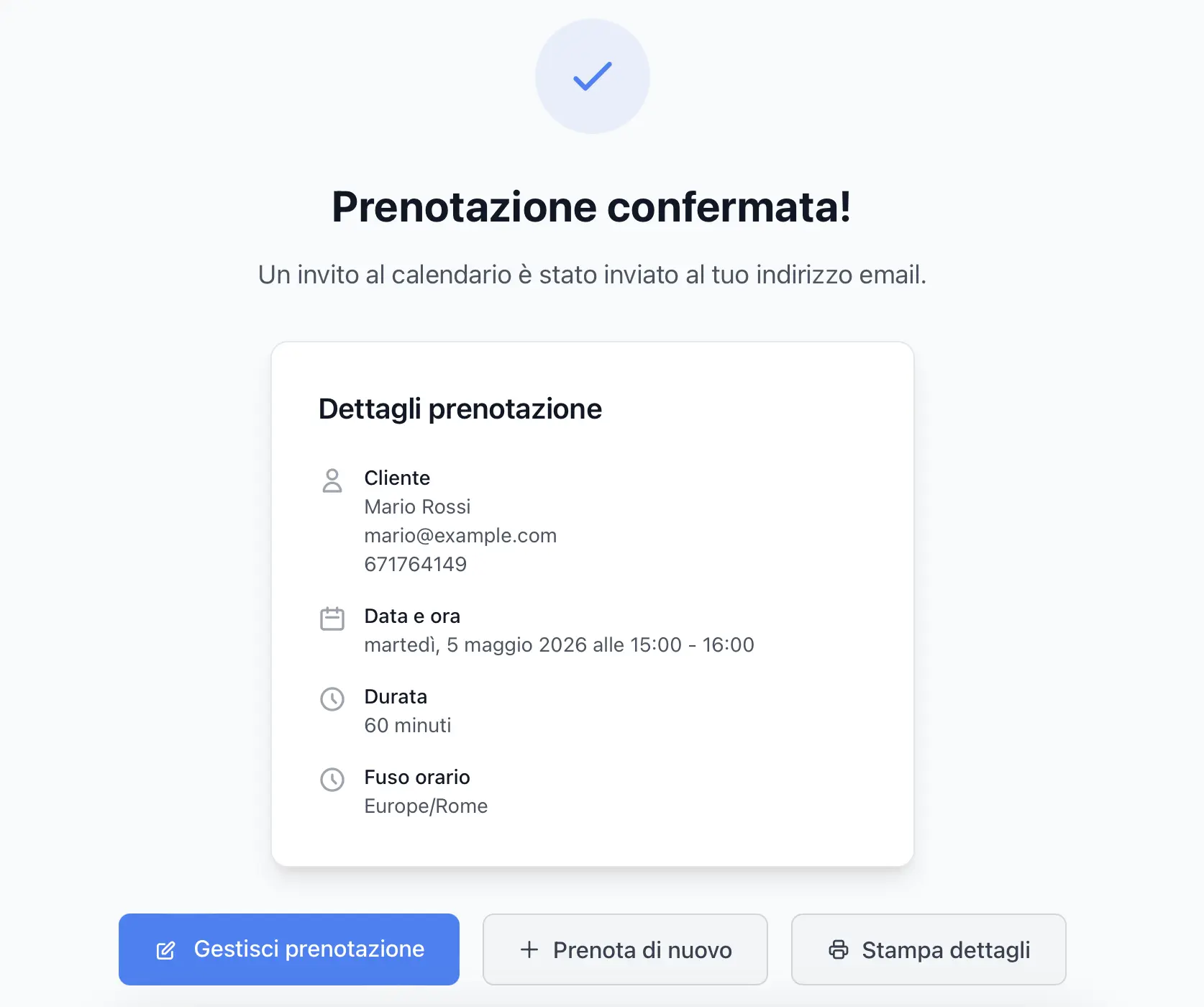 Screenshot: pagina di conferma prenotazione con riepilogo e link di gestione