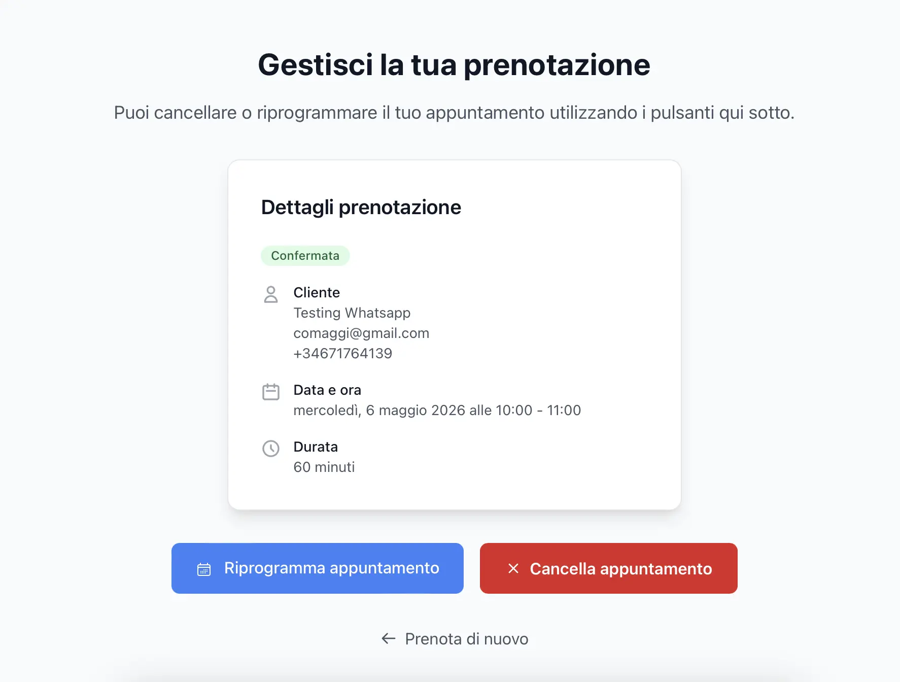 Screenshot: pagina di gestione prenotazione dal lato cliente, con pulsanti per cancellare o spostare