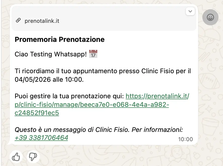 Prenotalink integrazzione WhatsApp - Essempio Messagio