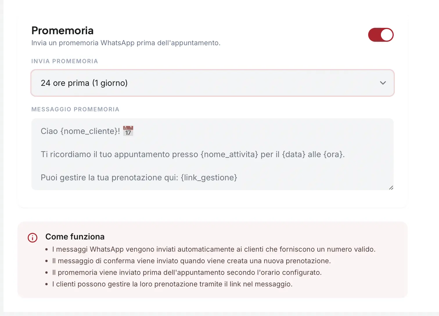 Prenotalink integrazzione WhatsApp - Impostazioni