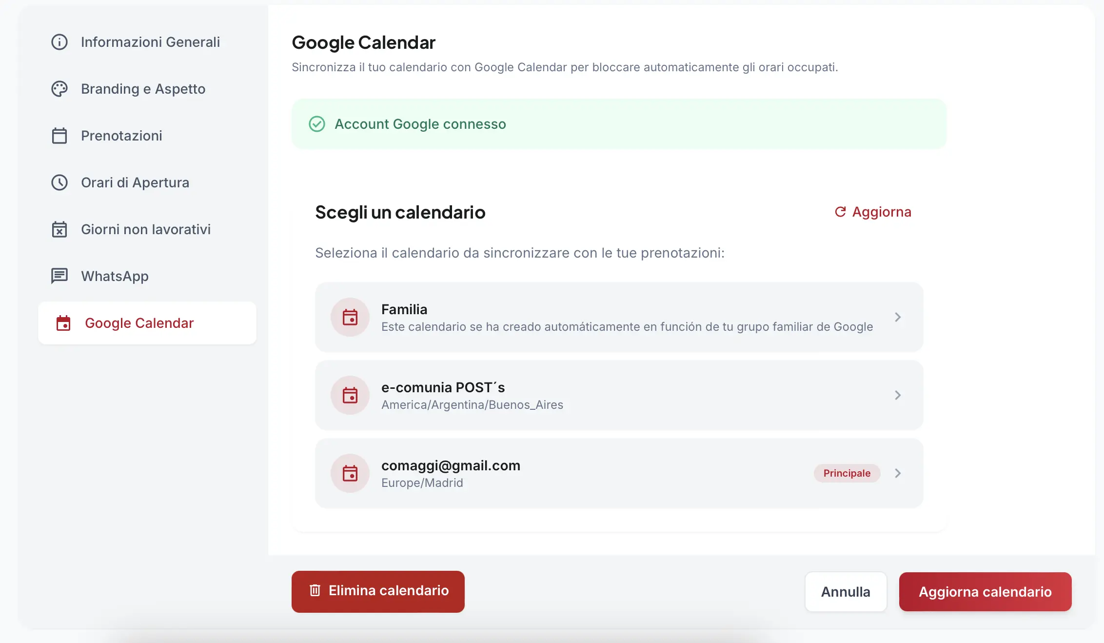 menu di selezione del calendario Google dopo l'autorizzazione